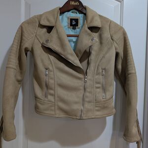 Girls Tan Faux Suede Biker Jacket With Tassles L 10/12